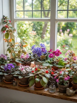 Mehrere blühende Gesnerien in einem hellen Blumenfenster