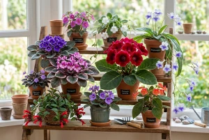 Verschiedene Gesneriengewächse mit bunten Blüten