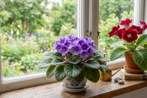 Blühendes Usambaraveilchen auf der Fensterbank