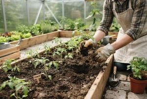 Setzlinge werden in einem Gewächshausbeet eingepflanzt