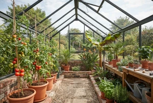 Tomaten und exotische Pflanzen wachsen in einem Gewächshaus im Garten