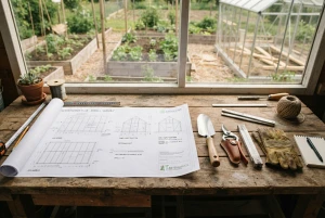 Bauplan für ein Gewächshaus liegt neben Gartenwerkzeug