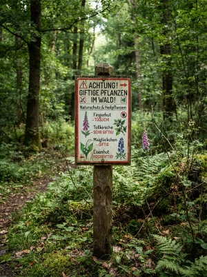 Warnschild vor giftigen Pflanzen im Wald