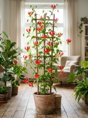 Gloriosa mit rankenden Trieben und flammenförmigen, rot-gelben Blüten