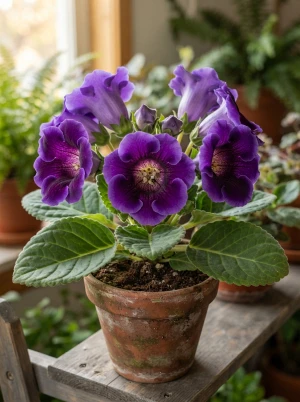Gloxinie mit großen, samtigen Trichterblüten in kräftigem Violett