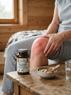 Glucosamin-Kapseln neben einem schmerzenden Kniegelenk