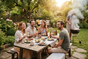 Gesellige Grillrunde im sommerlichen Garten