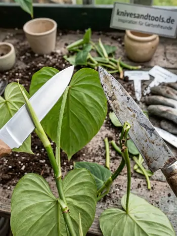 Scharfes Taschenmesser neben Monstera-Stecklingen und Töpfen auf einem Gartentisch