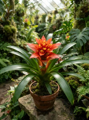 Guzmania mit glänzend grünen Blättern und leuchtender Blütenrosette