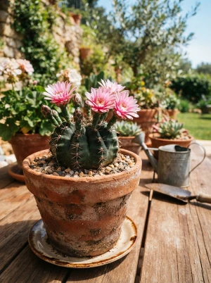 Gymnocalycium mit kugeligem Körper und auffälligen Blüten