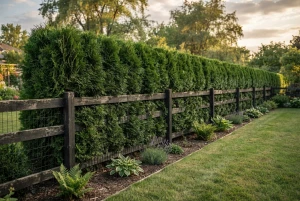 Dichte, immergrüne Heckenpflanzung als grüner Sichtschutz entlang eines Gartenzauns