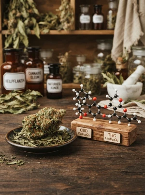 Cannabisblüte neben THC- und CBD-Molekülmodellen