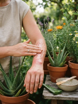 Aloe-Vera-Gel wird auf sonnenverbrannte Haut aufgetragen