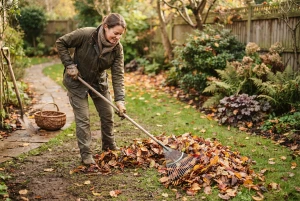 Herbstlaub wird im Garten mit dem Rechen zusammengetragen