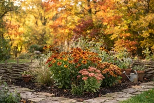 Herbstblumen in warmen Farbtönen vor buntem Laub