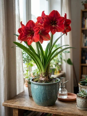 Hippeastrum mit großen, trichterförmigen Blüten auf kräftigem Stiel