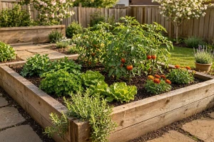 Bepflanztes Hochbeet aus Holz im Garten