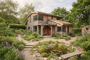 Holzhaus mit naturnah gestaltetem Garten drumherum