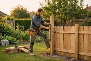 Handwerker stellt einen Holzzaun im Garten auf