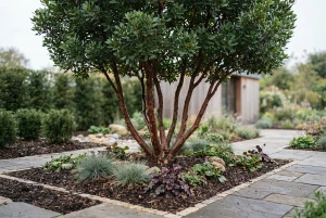 Immergrüner, mehrstämmiger Baum als Gestaltungselement im Garten