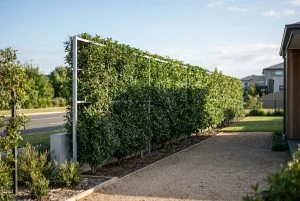 Immergrüner Spalierbaum als grüne Lärmschutzhecke