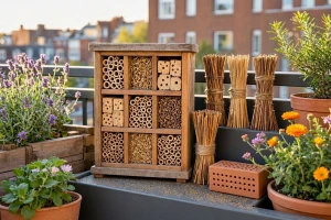 Insektenhotel mit verschiedenen Nisthilfen für Wildbienen auf einem Balkon