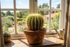 Mehrere Kakteen in Töpfen auf einem hellen, sonnigen Fensterbrett