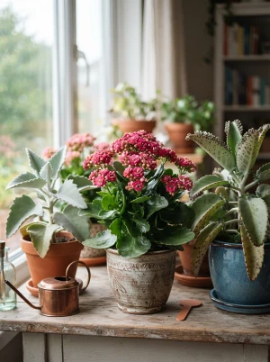 Kalanchoe mit fleischigen Blättern und farbenfrohen Blütenständen