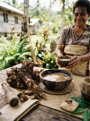 Kava-Kava-Wurzel und traditionell zubereitetes Getränk