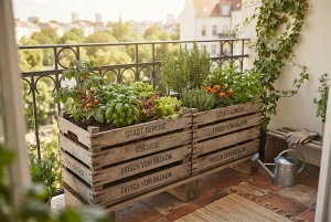 Bepflanzte Holzkisten als Mini-Hochbeet auf einem Balkon