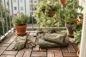 Gartenhandschuhe und robuste Arbeitskleidung auf einem Balkon mit Pflanzen