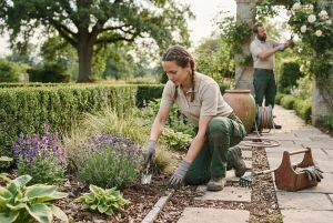 Gärtner bei der professionellen Pflege einer Gartenanlage