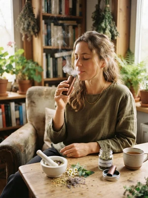 Kräuter werden mit einem kleinen Vaporizer inhaliert