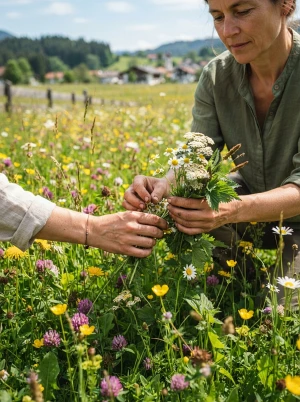 Hände sammeln Wildkräuter auf einer Wiese