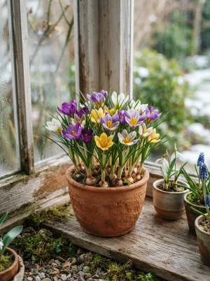 Krokus mit kelchförmigen Blüten kurz über dem Boden