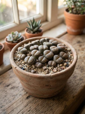 Lithops (Lebende Steine) getarnt zwischen echten Kieselsteinen