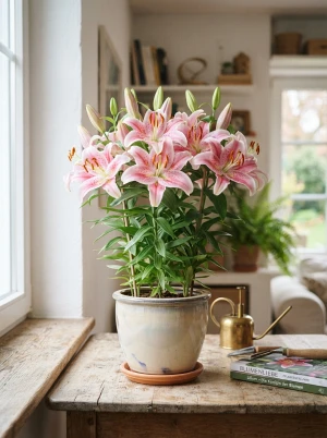 Lilium mit großen, sternförmigen Blüten in kräftigen Farben