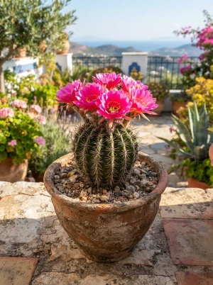 Lobivia mit kugeligem Körper und leuchtenden Blüten