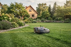 Mähroboter mäht selbstständig eine Rasenfläche