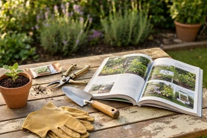 Aufgeschlagenes Gartenmagazin neben Gartenwerkzeug