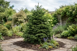 Nadelbaum mit dichten, immergrünen Zweigen im Garten