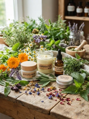 Naturkosmetik-Tiegel umgeben von Pflanzen und Blüten