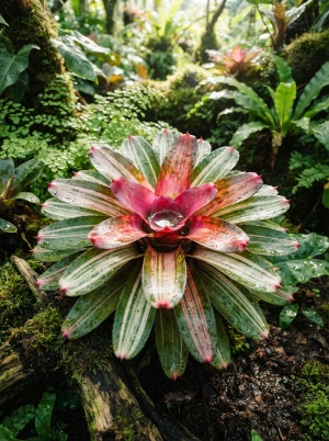 Neoregelia mit flacher Rosette und panaschierten, farbenfrohen Blättern
