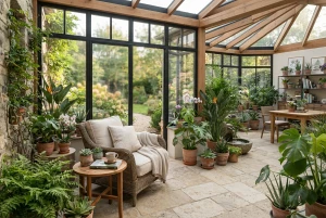Üppig bepflanzter Wintergarten als ruhige Wohlfühloase