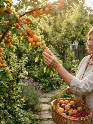 Reifes Obst wird von Ästen im Garten geerntet