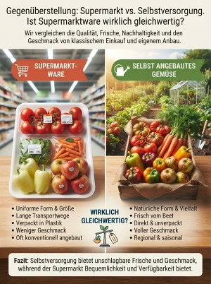 Gegenüberstellung von Supermarktgemüse und selbst angebautem Gemüse