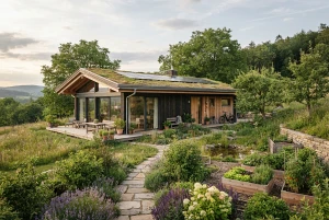Nachhaltig gebautes Haus mit begrüntem Garten