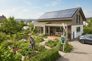 Grüne Energie und Ökostrom-Symbolik vor einem Haus mit Garten
