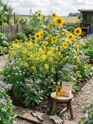 Blühende Ölpflanzen wie Raps oder Sonnenblumen im Beet