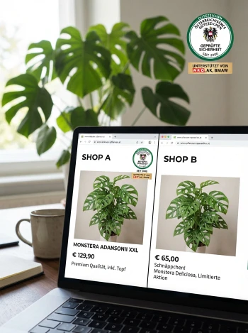 Vergleich zweier Online-Shops mit Monstera-Angeboten, einer trägt das österreichische E-Commerce-Gütezeichen